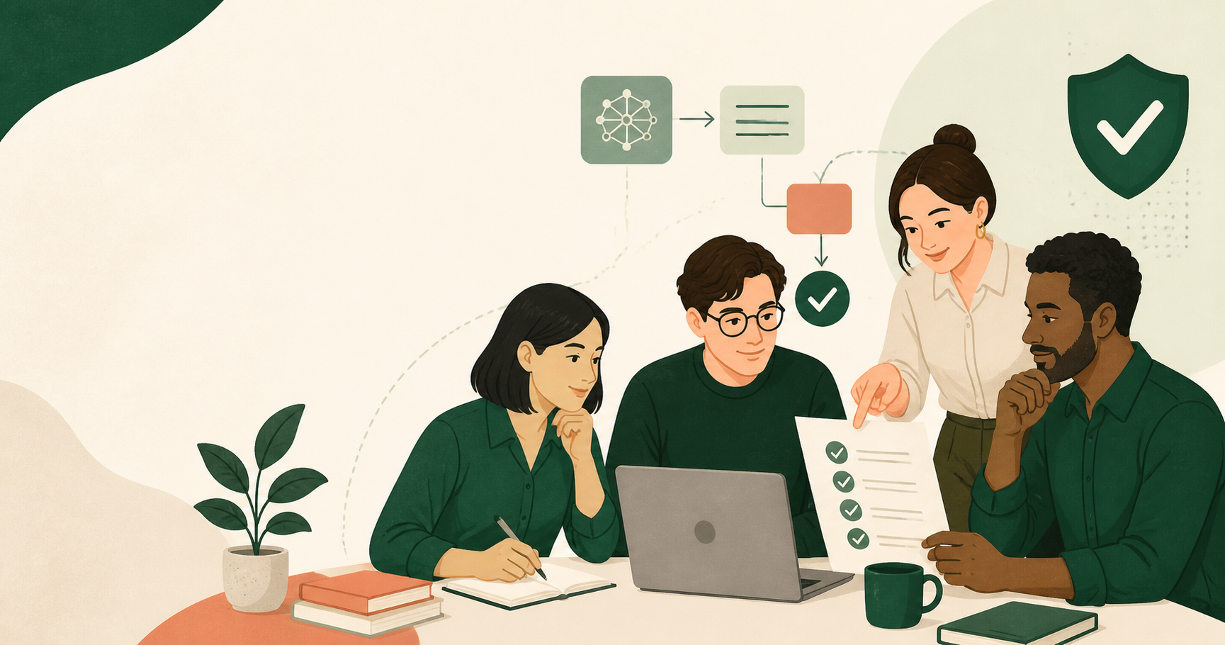 AIを安全に活用するために、チームでチェックリストを確認している様子のイラスト